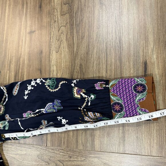 LOFT Navy Pheasant Pleated Floral Peacock Maxi Long Sleeve Dress Women Size 12T - Picture 8 of 9